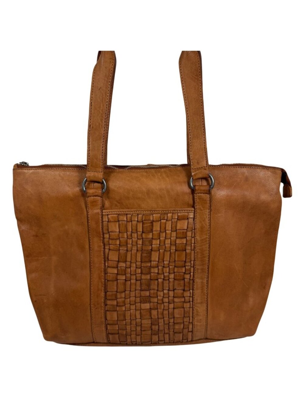 VTG Vilenca Holland Cognac Brown Leather Shoulder Bag Tote Woven Leather Front
